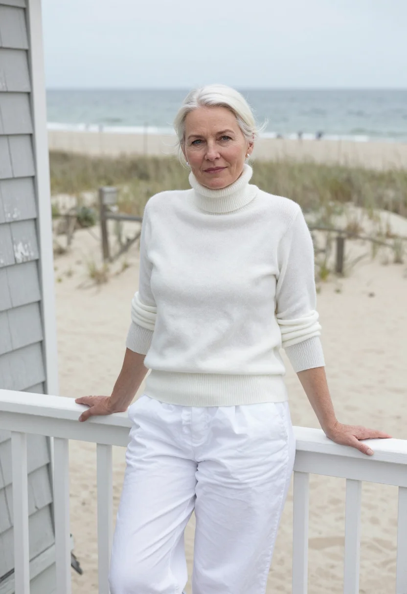 AI somethings gotta give hamptons white turtleneck sample — portrait of a woman, a playwright in her mid-fifties of Swed