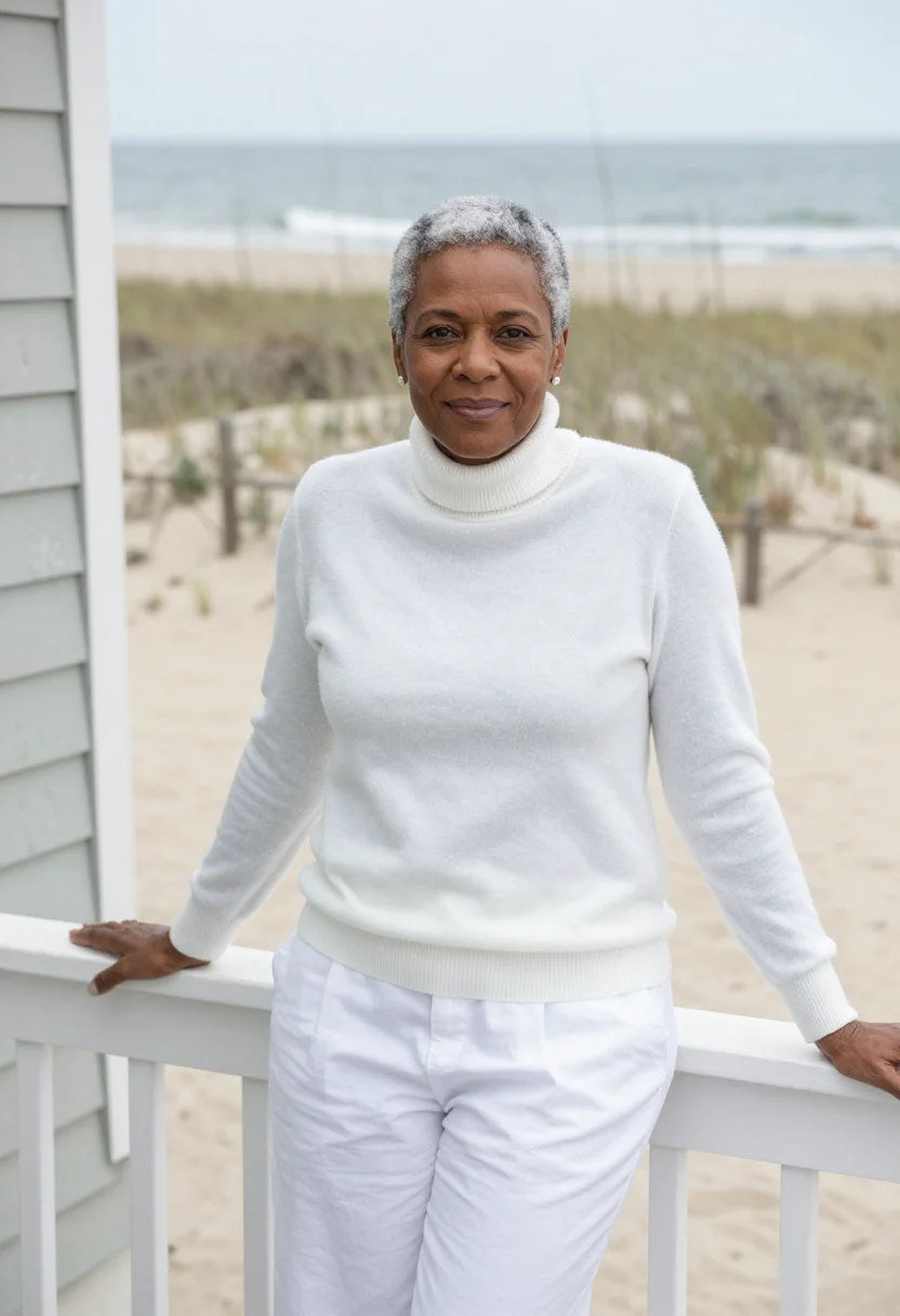 AI somethings gotta give hamptons white turtleneck sample — portrait of a woman, a playwright in her early sixties of Af