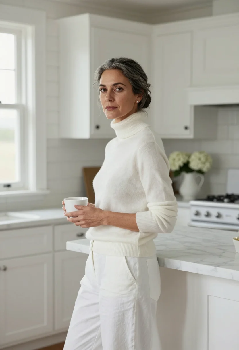 AI somethings gotta give hamptons white turtleneck sample — portrait of a woman, a playwright in her mid-fifties of Ital