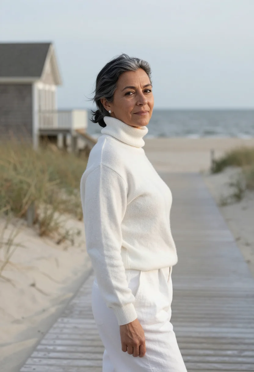 AI somethings gotta give hamptons white turtleneck sample — portrait of a woman, a playwright in her late fifties of Gre