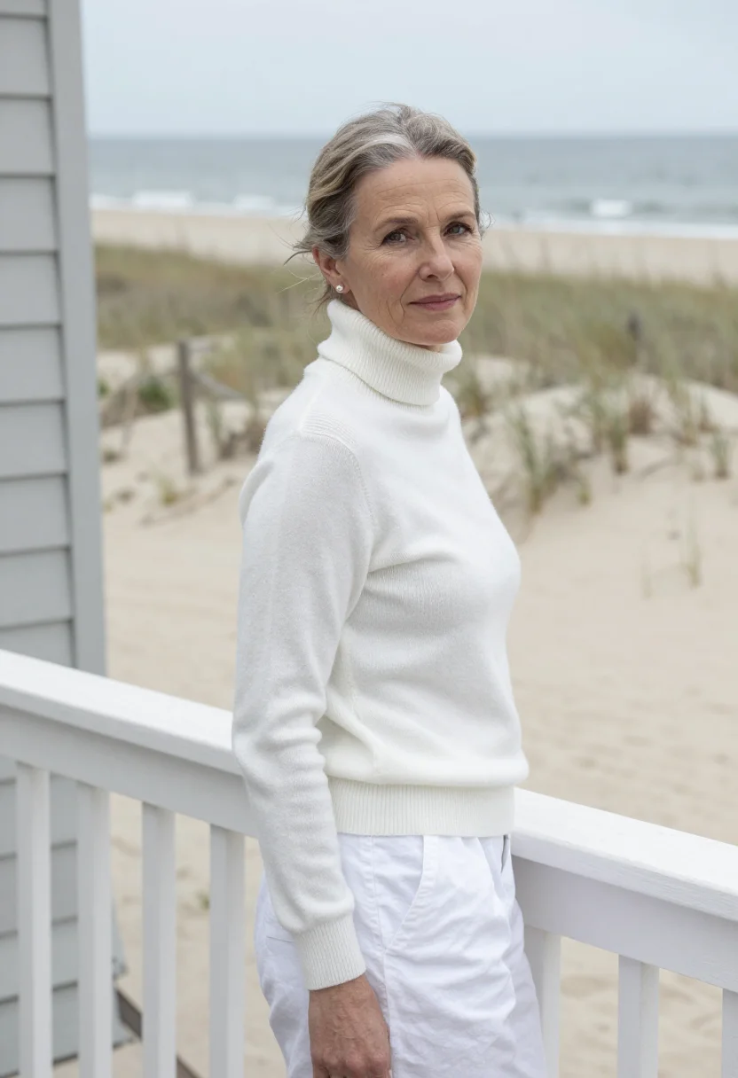 AI somethings gotta give hamptons white turtleneck sample — portrait of a woman, a playwright in her late fifties of Fre