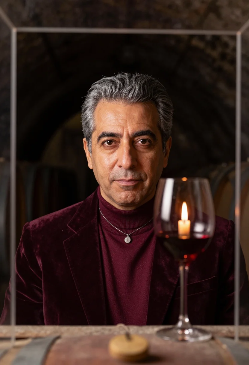 AI sommelier cellar burgundy sample — portrait of a man, framed tight on the head, the body close