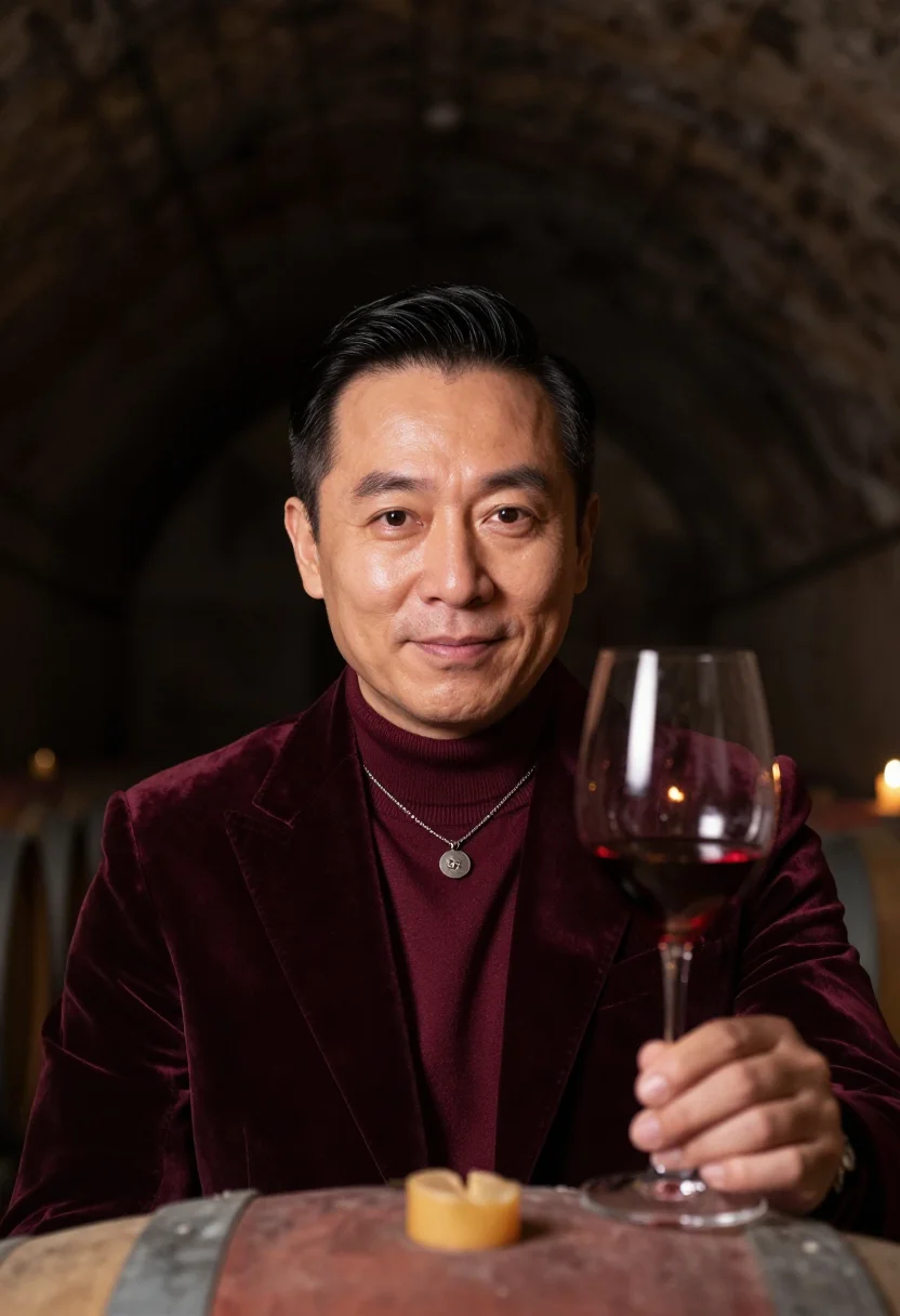 AI sommelier cellar burgundy sample — portrait of a man, framed head and shoulders, tighter, the b