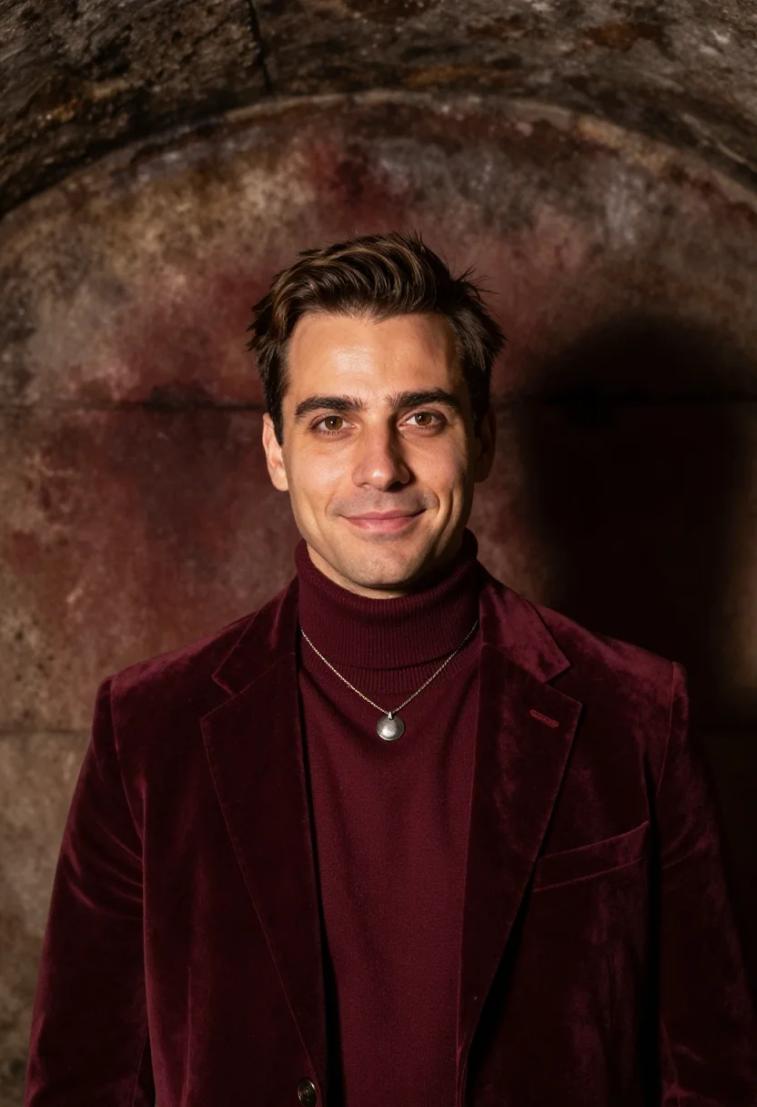 AI sommelier cellar burgundy sample — portrait of a man, framed chest-up from the ribs with the bo