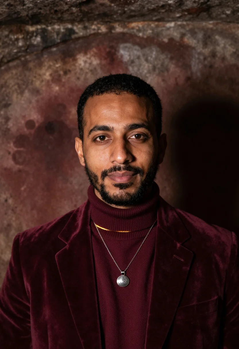 AI sommelier cellar burgundy sample — portrait of a man, framed tight on the head, the body close