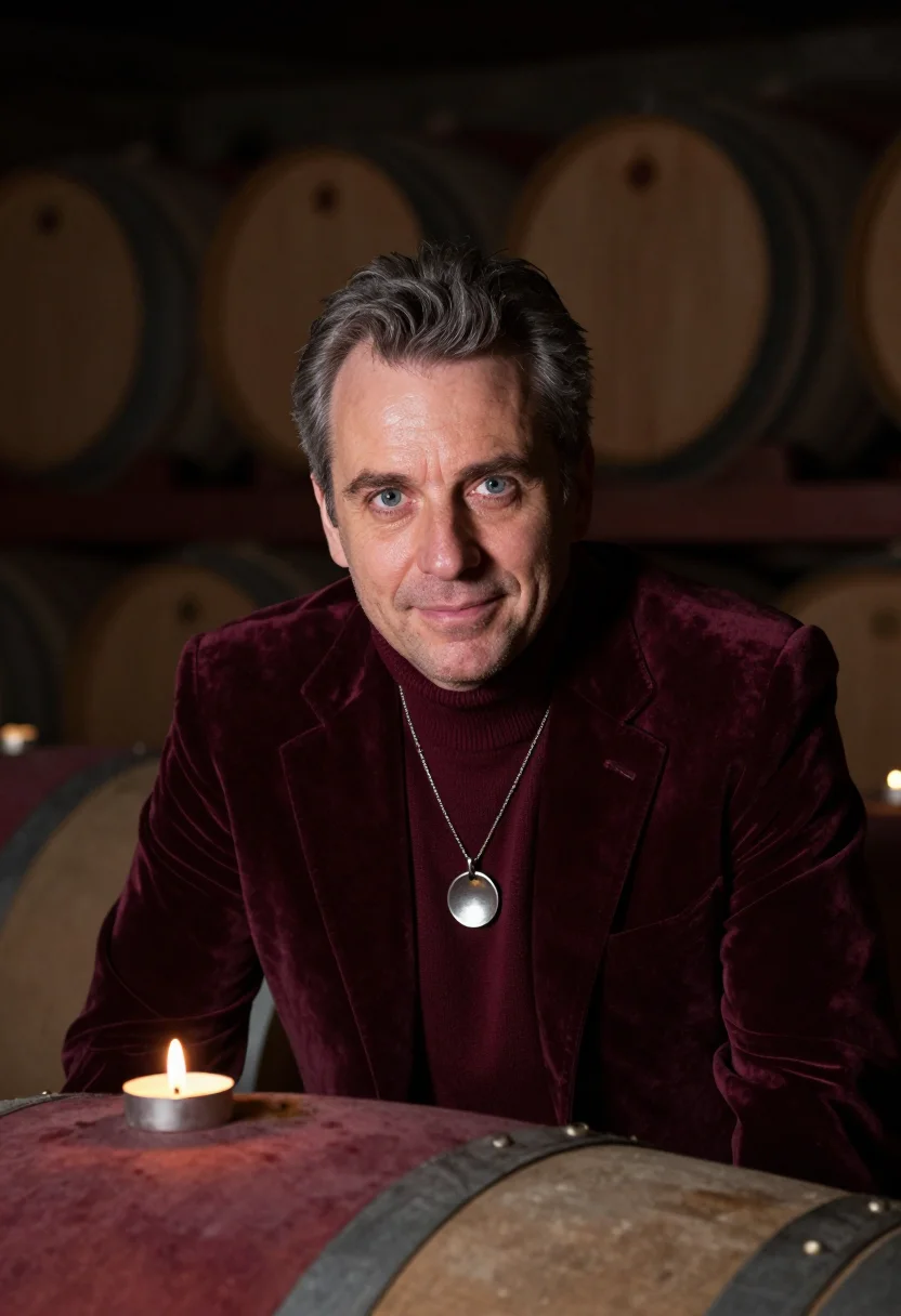 AI sommelier cellar burgundy sample — portrait of a man, framed tight on the head, the body close