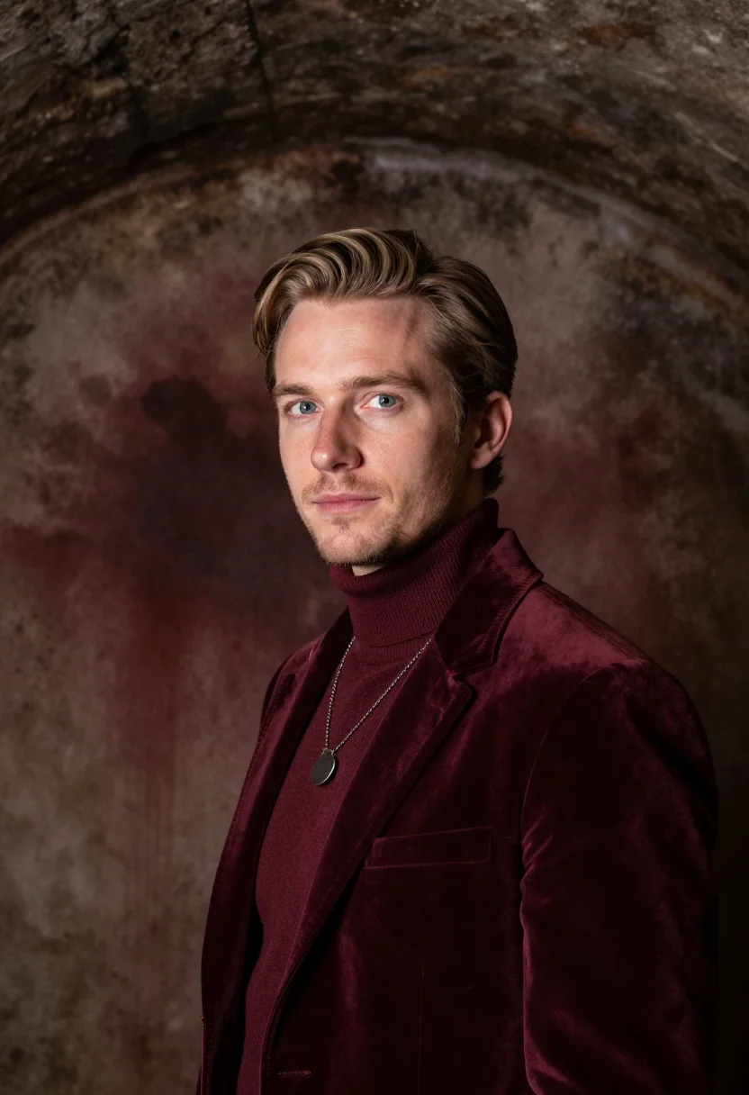 AI sommelier cellar burgundy sample — portrait of a man, framed head and shoulders, tighter, the b