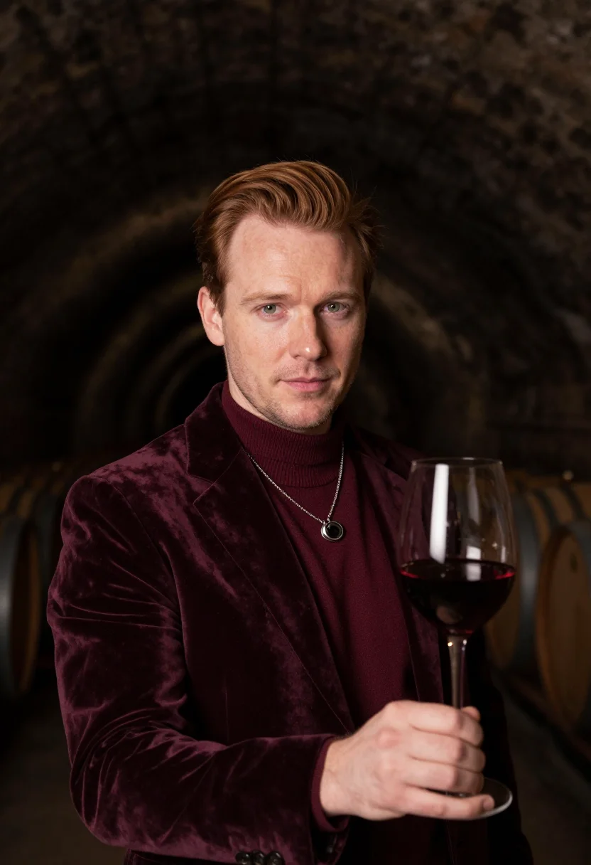 AI sommelier cellar burgundy sample — portrait of a man, framed chest-up from the ribs with the bo