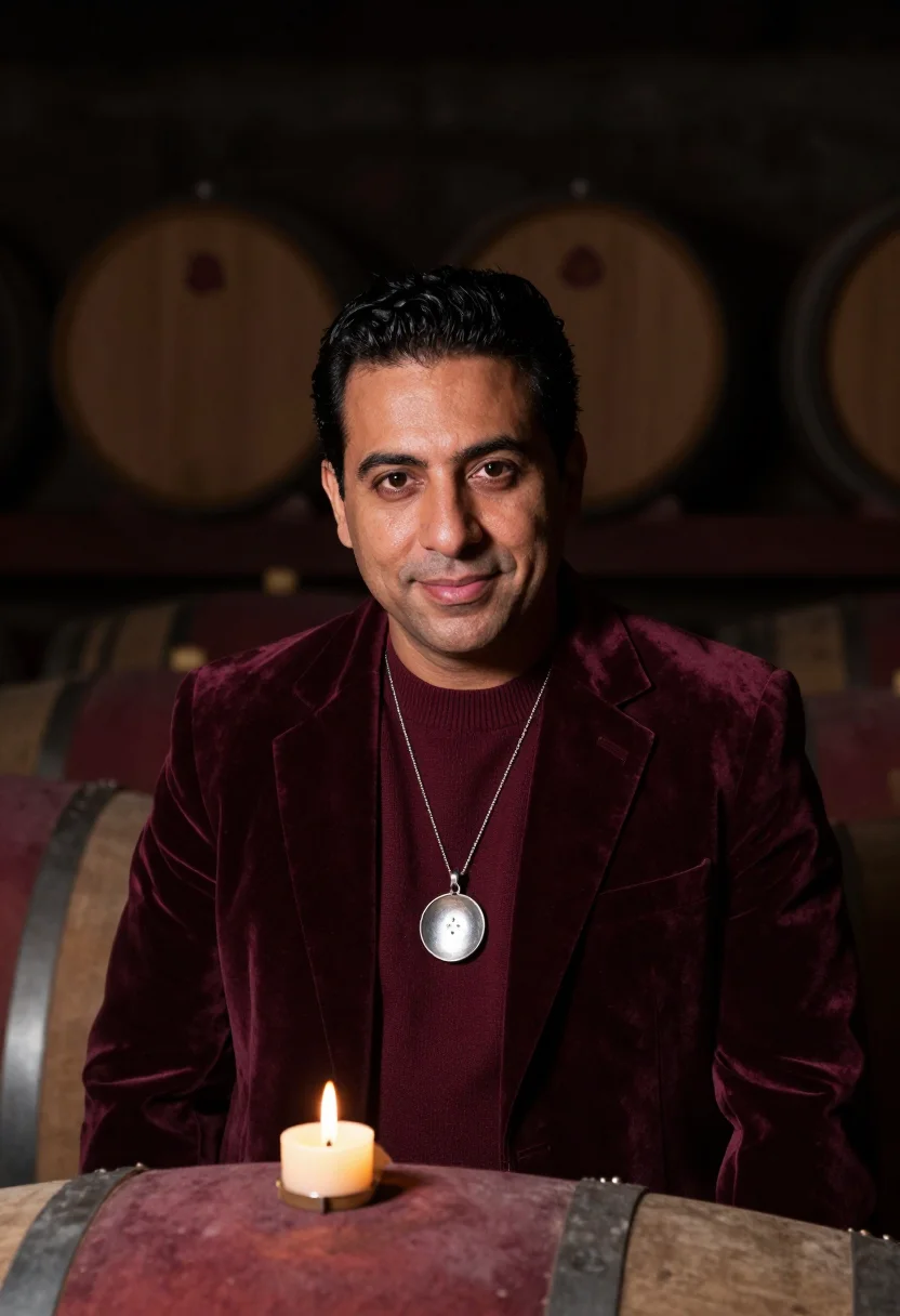 AI sommelier cellar burgundy sample — portrait of a man, framed head and shoulders, tighter, the b