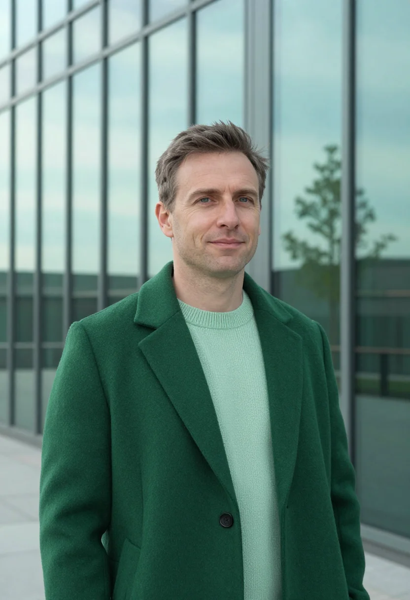 AI songdo city planner glass green canal sample — portrait of a man, a city planner in his late thirties with