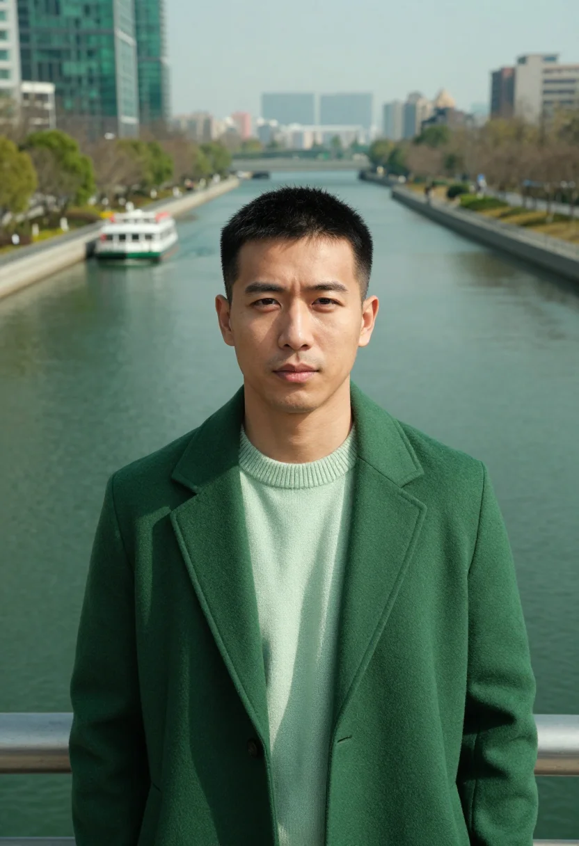 AI songdo city planner glass green canal sample — portrait of a man, a city planner in his mid-thirties with w