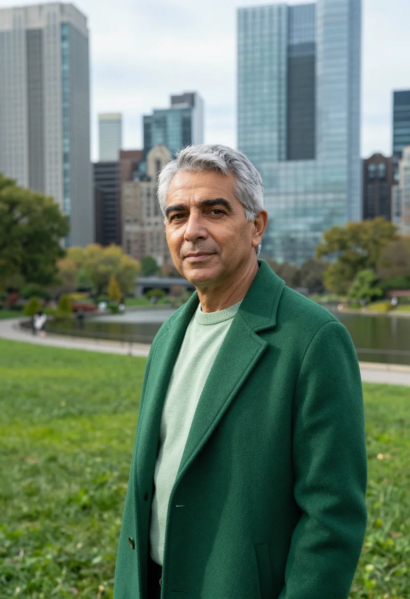 AI songdo city planner glass green canal sample — portrait of a man, a city planner in his early sixties with