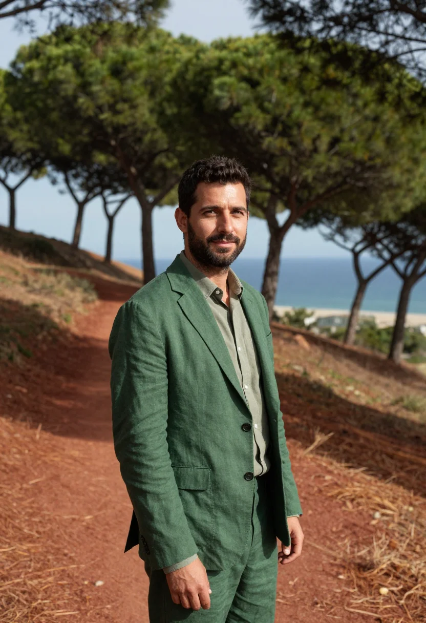 AI sophia antipolis founder umbrella pine green sample — portrait of a man, in his mid-forties, with warm ivory skin,