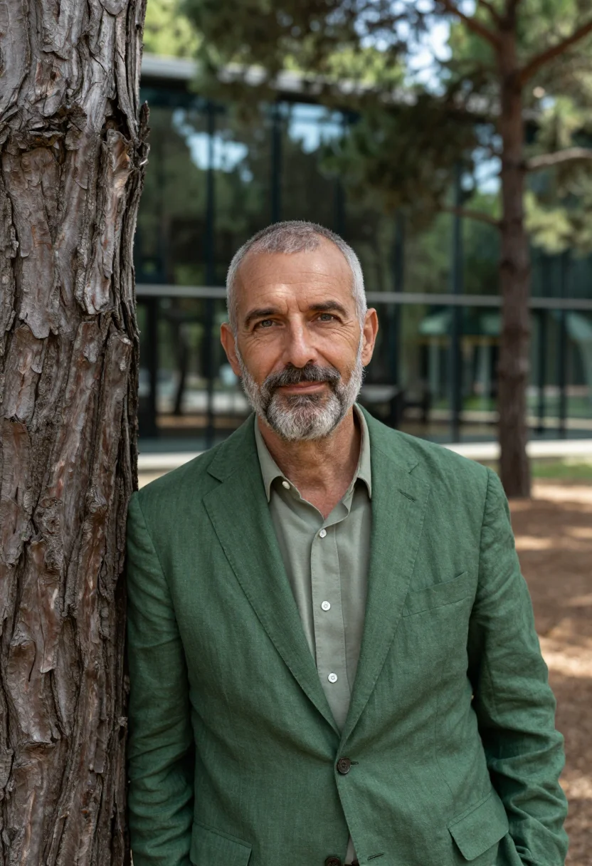 AI sophia antipolis founder umbrella pine green sample — portrait of a man, in his fifties, with tanned fair skin, gr