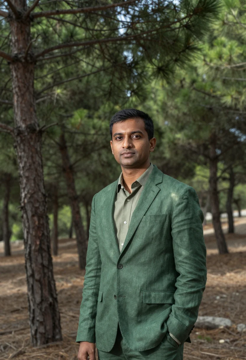 AI sophia antipolis founder umbrella pine green sample — portrait of a man, of Indian descent, in his late thirties,
