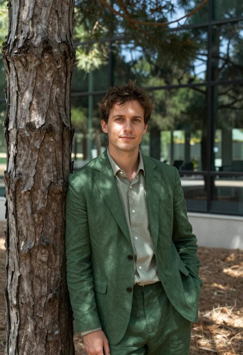 AI sophia antipolis founder umbrella pine green sample — portrait of a man, in his late twenties, with fair skin, gre
