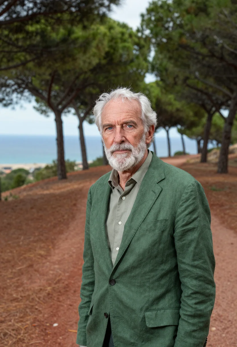 AI sophia antipolis founder umbrella pine green sample — portrait of a man, in his sixties, with weathered fair skin,