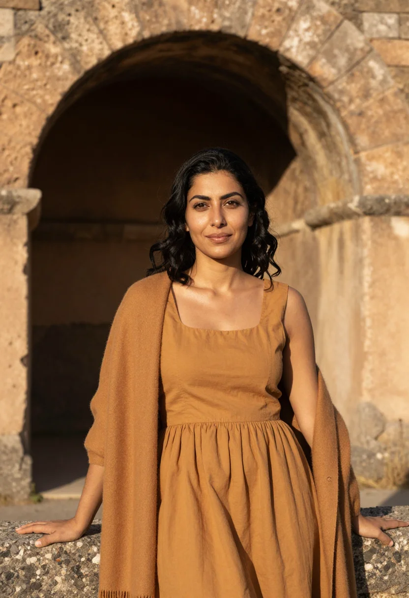 AI sophia loren pozzuoli earth ochre sample — portrait of a woman, a Lebanese woman in her mid-thirties wi