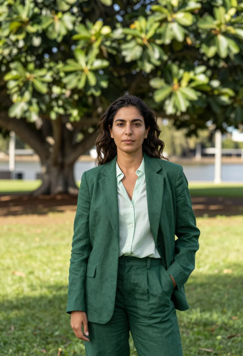 AI south bank urban planner subtropical green sample — portrait of an urban planner, a woman of Lebanese-Australian