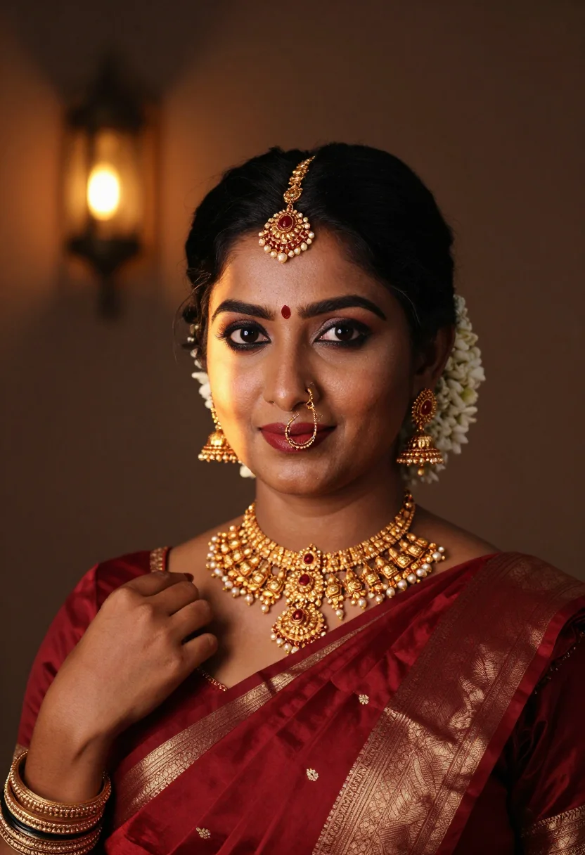 AI south silk sample — close head-and-shoulders bridal portrait of a South-Asian Ta