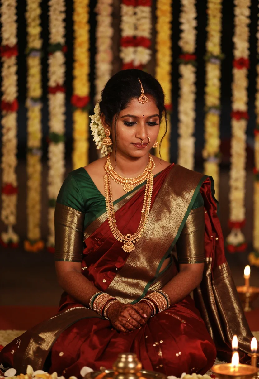 AI south silk sample — three-quarter seated bridal portrait of a South-Asian Tamil