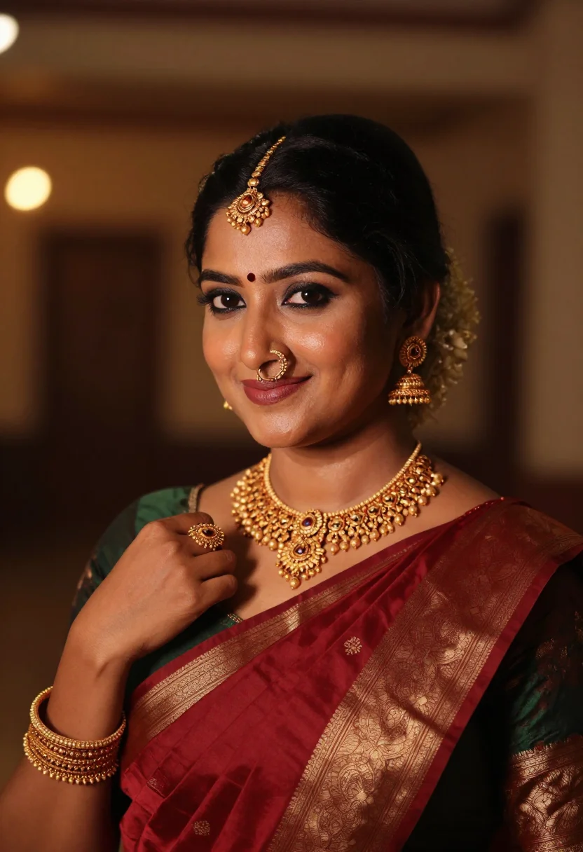 AI south silk sample — close head-and-shoulders reception portrait of a South-Asian