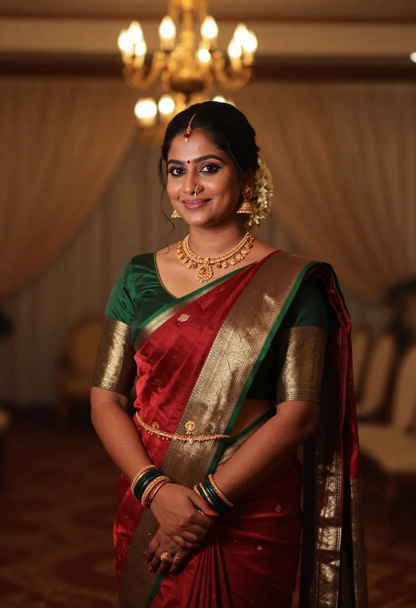 AI south silk sample — three-quarter reception bridal portrait of a South-Asian Tam