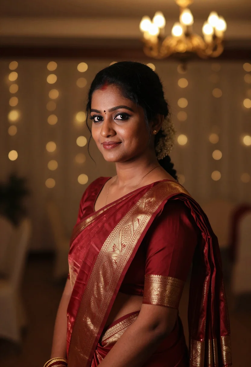 AI south silk sample — three-quarter reception bridal portrait of a South-Asian Tam