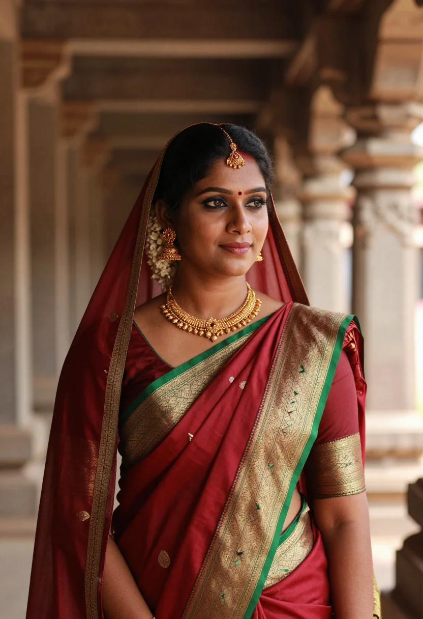 AI south silk sample — three-quarter bridal portrait of a South-Asian Tamil woman w