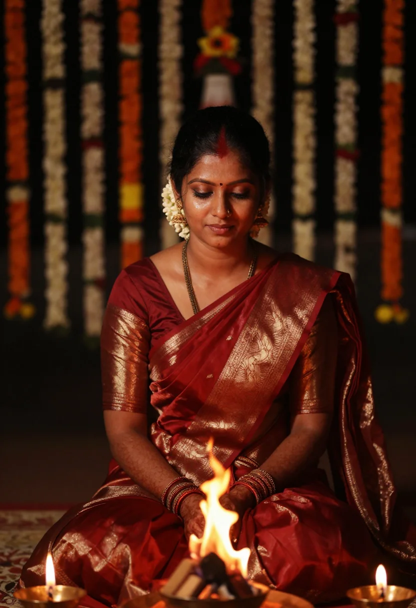 AI south silk sample — three-quarter bridal portrait of a South-Asian Tamil woman w