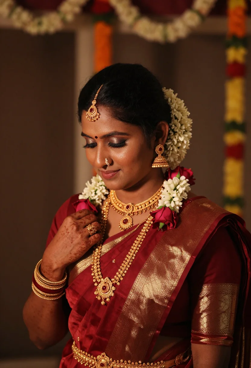 AI south silk sample — close three-quarter bridal portrait of a South-Asian Tamil w