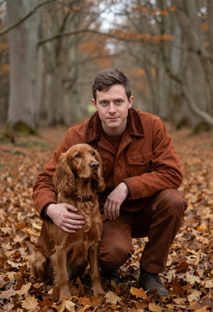 AI spaniel october walk rust sample — portrait of a man, chest-up portrait of an English man in hi