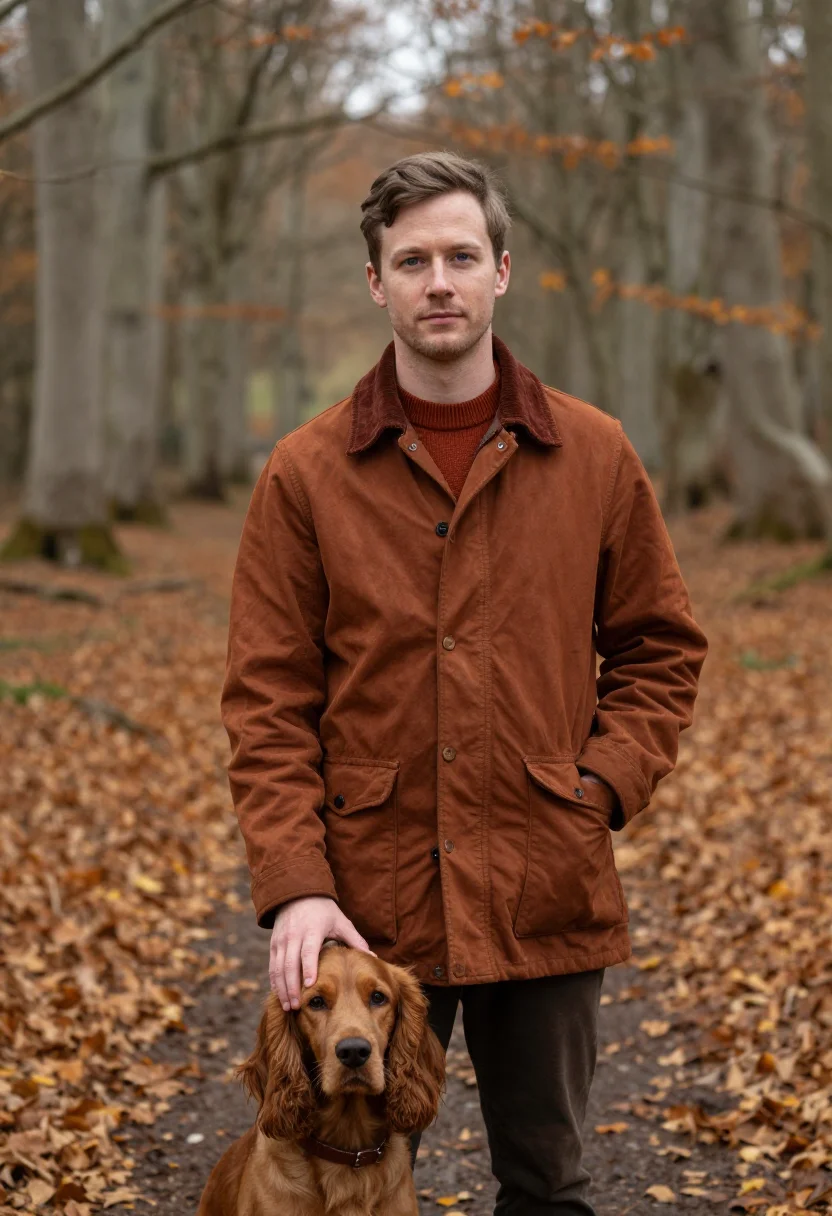 AI spaniel october walk rust sample — portrait of a man, half-length portrait of an English man in