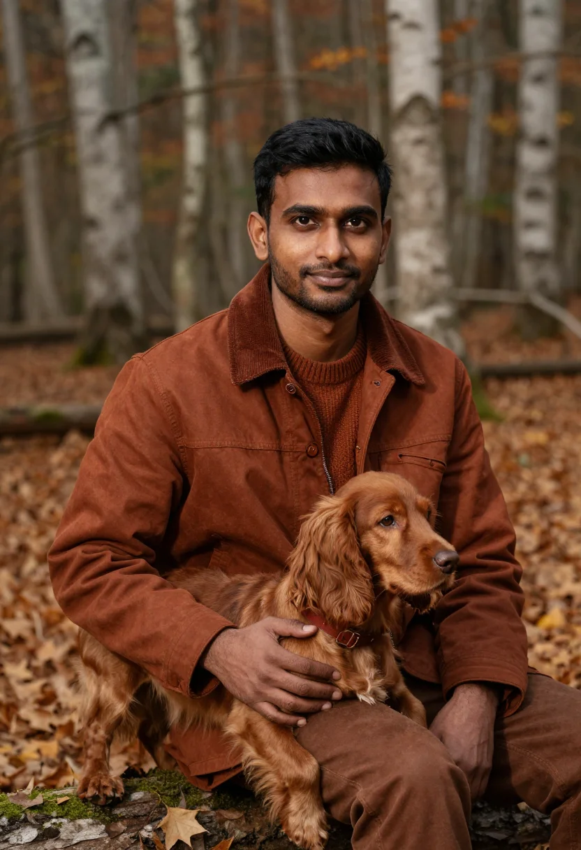 AI spaniel october walk rust sample — portrait of a man, chest-up portrait of a British-Indian man