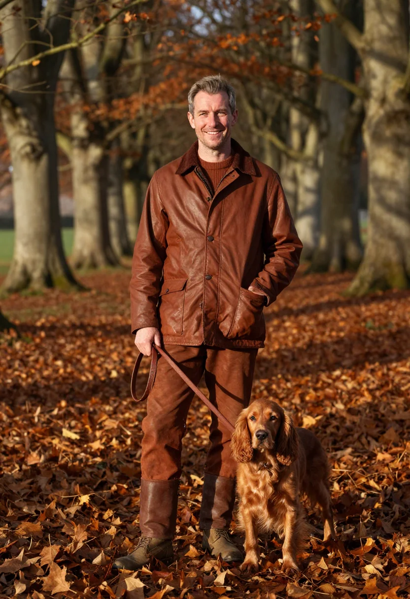 AI spaniel october walk rust sample — portrait of a man, three-quarter-length portrait of an Engli