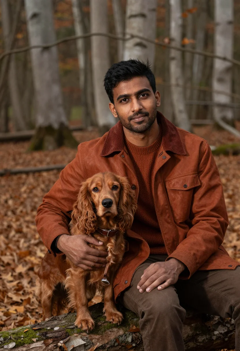 AI spaniel october walk rust sample — portrait of a man, half-length portrait of a British-Indian