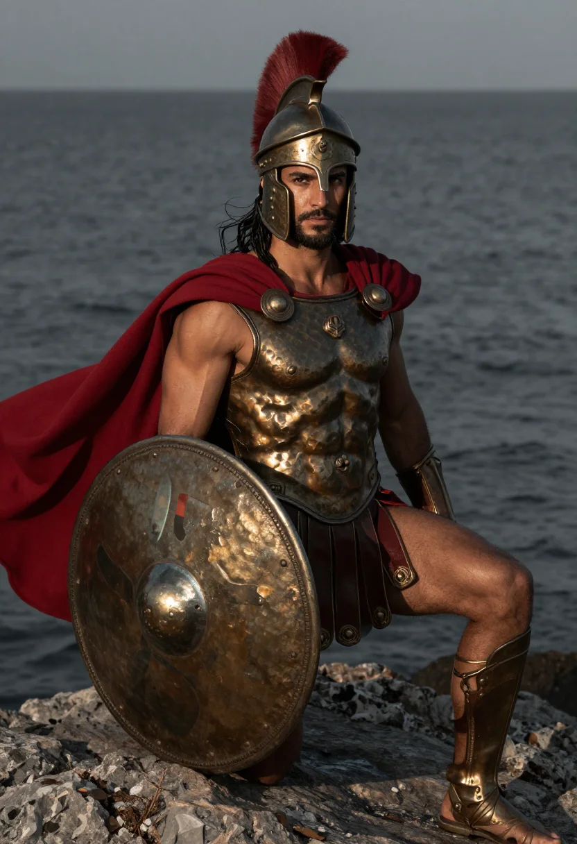AI spartan sample — portrait of a man, chest-up portrait of a Greek man in his e