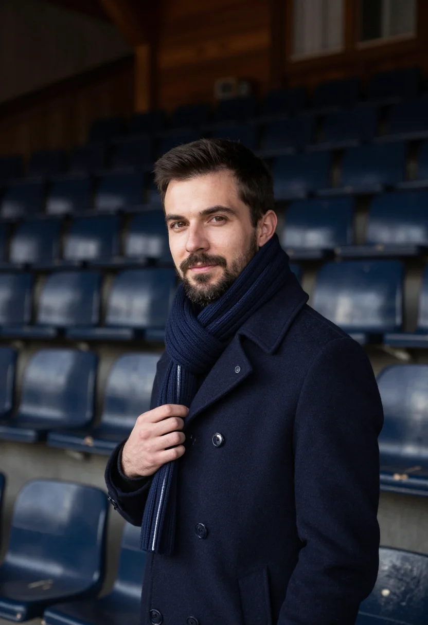 AI spengler cup davos navy sample — portrait of a man, framed chest-up, cropped at the ribs, the
