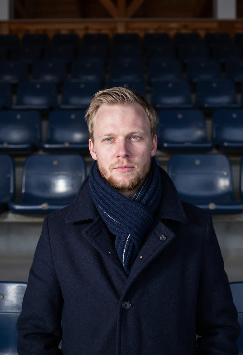 AI spengler cup davos navy sample — portrait of a man, framed tight, head and shoulders, the bod