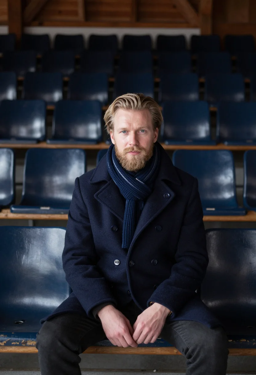 AI spengler cup davos navy sample — portrait of a man, framed three-quarter length from the head