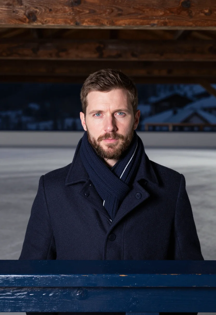 AI spengler cup davos navy sample — portrait of a man, framed tight, head and shoulders, the bod