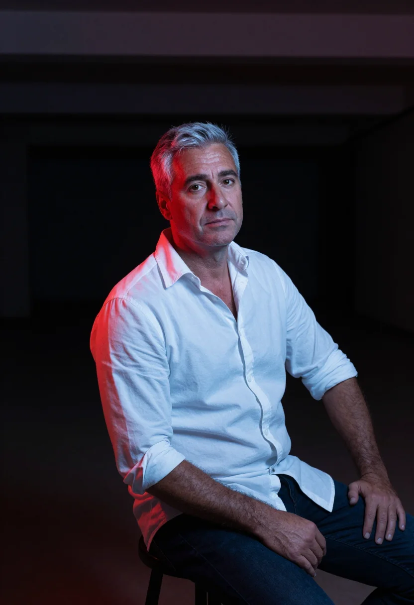 AI split gel sample — portrait of a man, a man in his fifties with weathered tan s