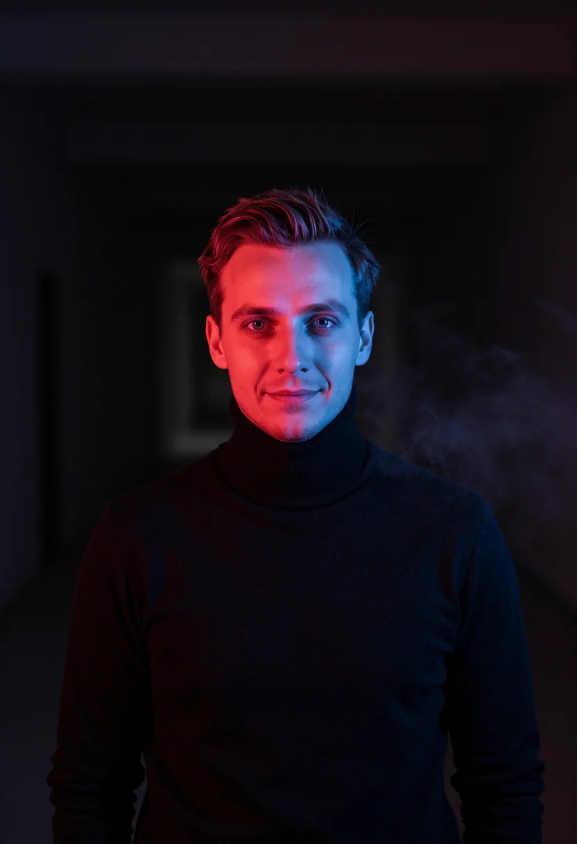 AI split gel sample — portrait of a man, a man in his thirties with fair skin, blu