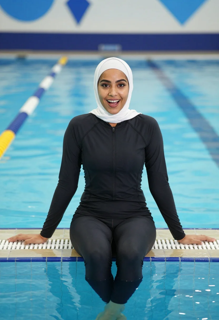 AI sport hijab sample — portrait of a woman, seated portrait of a woman in her mid-t
