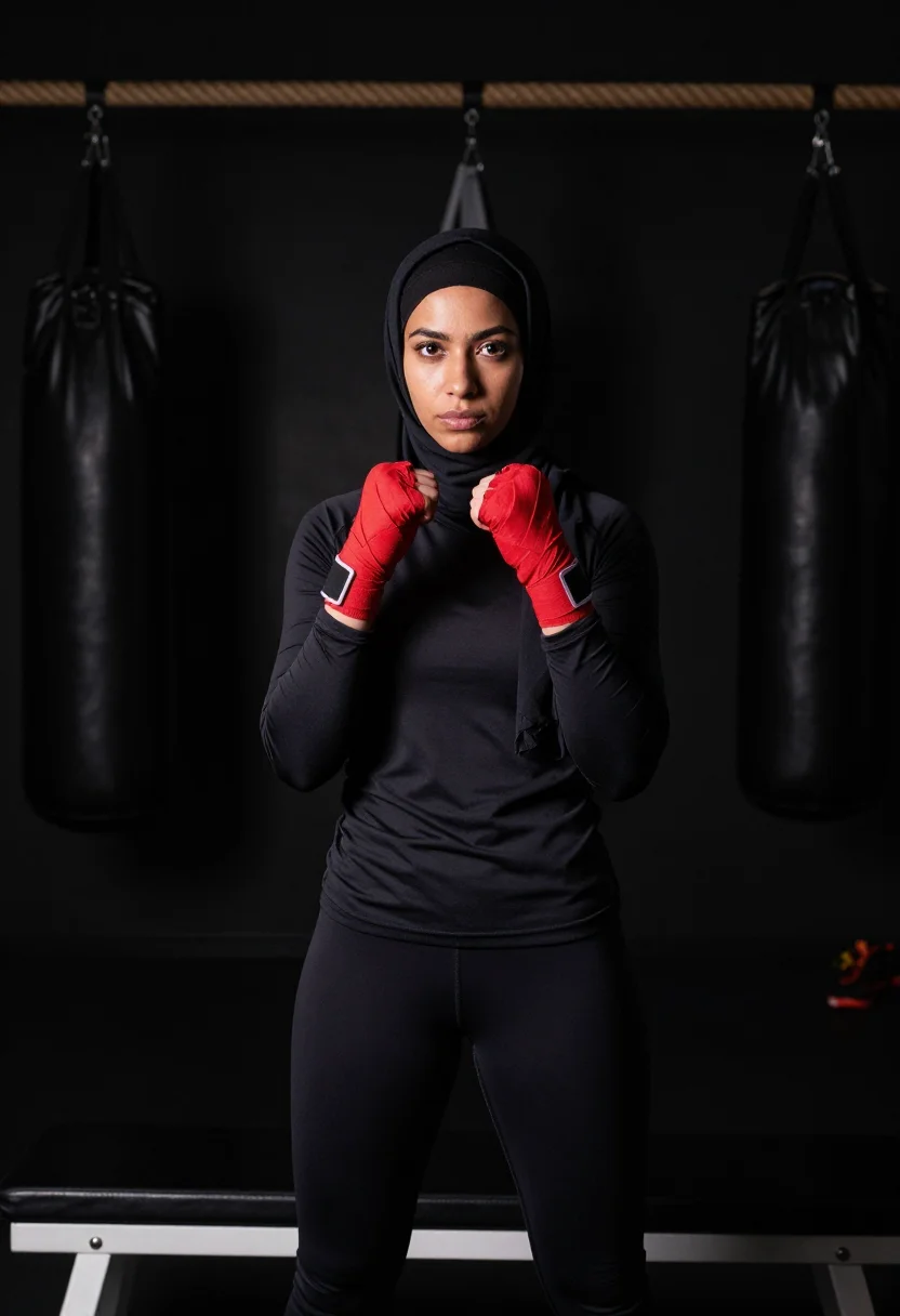 AI sport hijab sample — portrait of a woman, three-quarter-length portrait of a woma