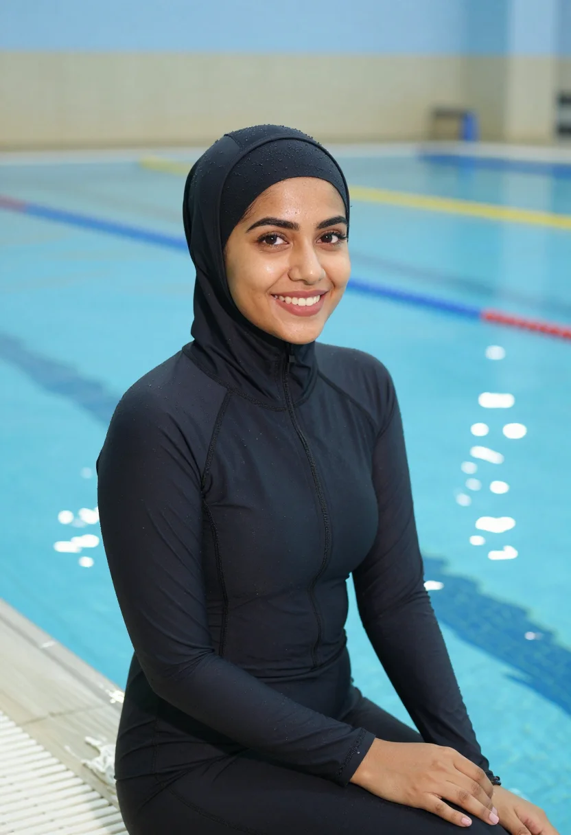 AI sport hijab sample — portrait of a woman, seated half-length portrait of a woman