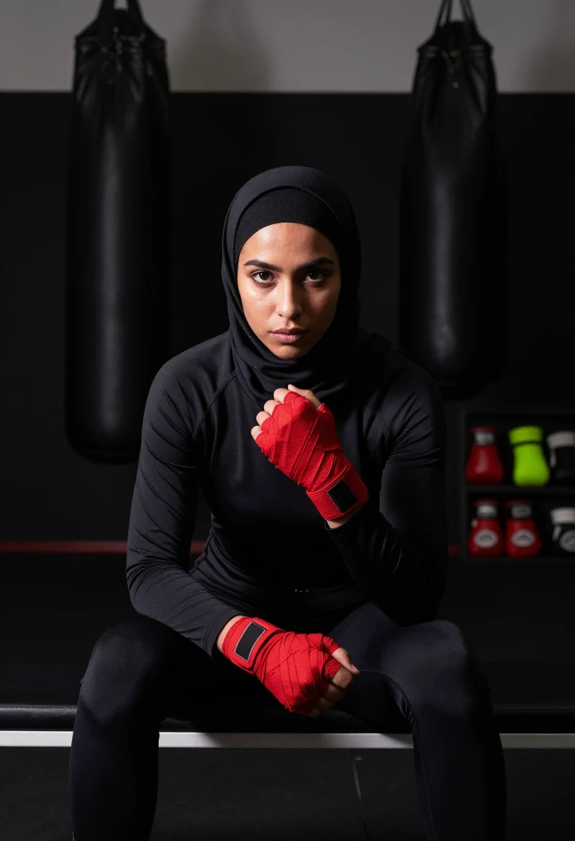 AI sport hijab sample — portrait of a woman, seated half-length portrait of a woman