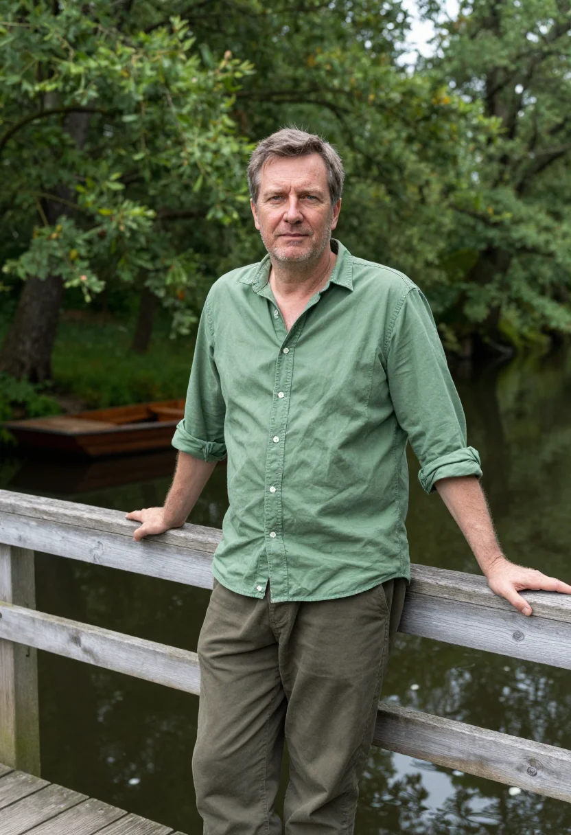 AI spreewald canoe may green sample — portrait of a man, framed half-length from the head to the h