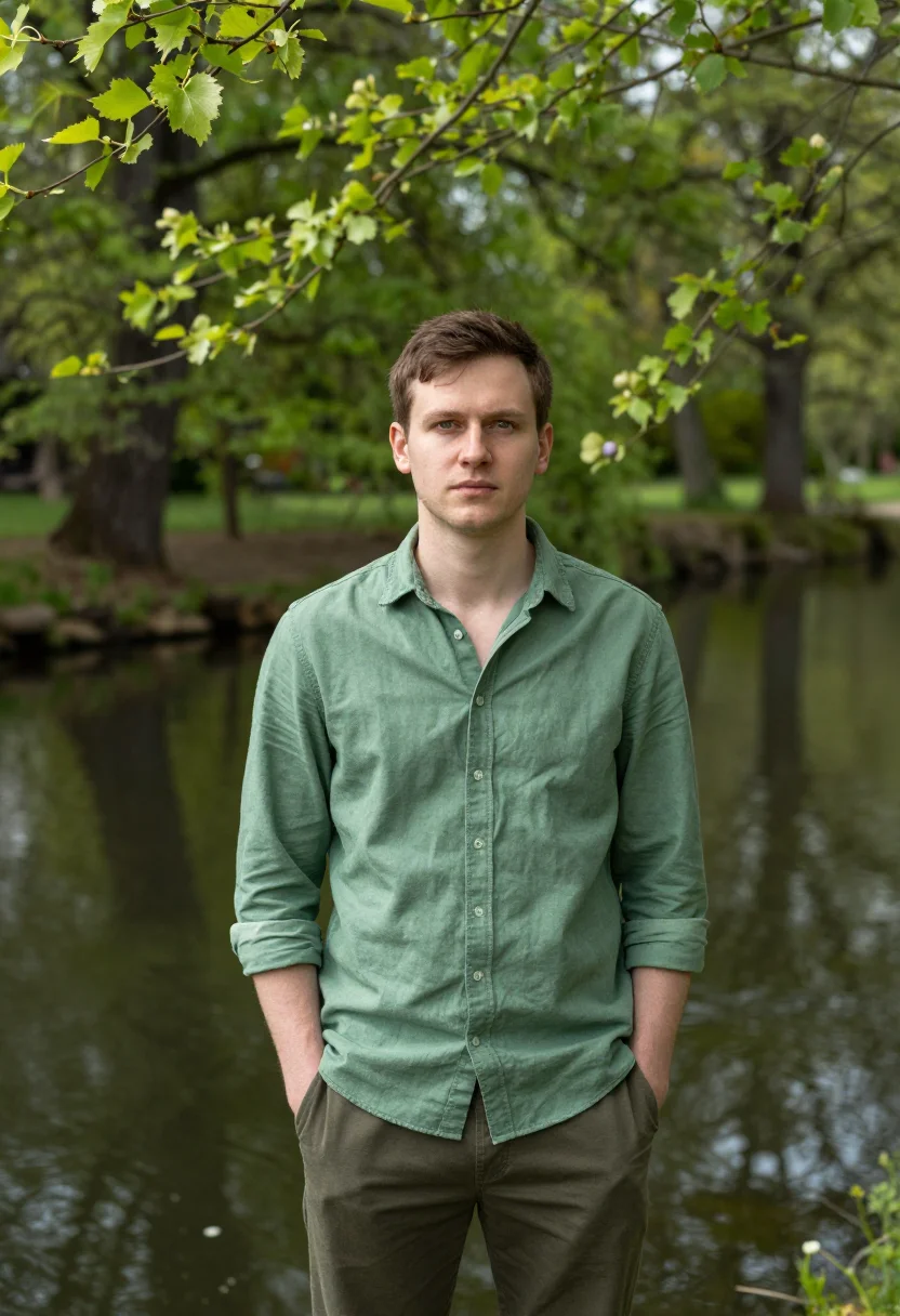 AI spreewald canoe may green sample — portrait of a man, framed half-length from the head to the h