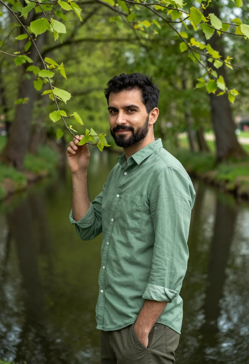 AI spreewald canoe may green sample — portrait of a man, framed chest-up, cropped at the ribs, the